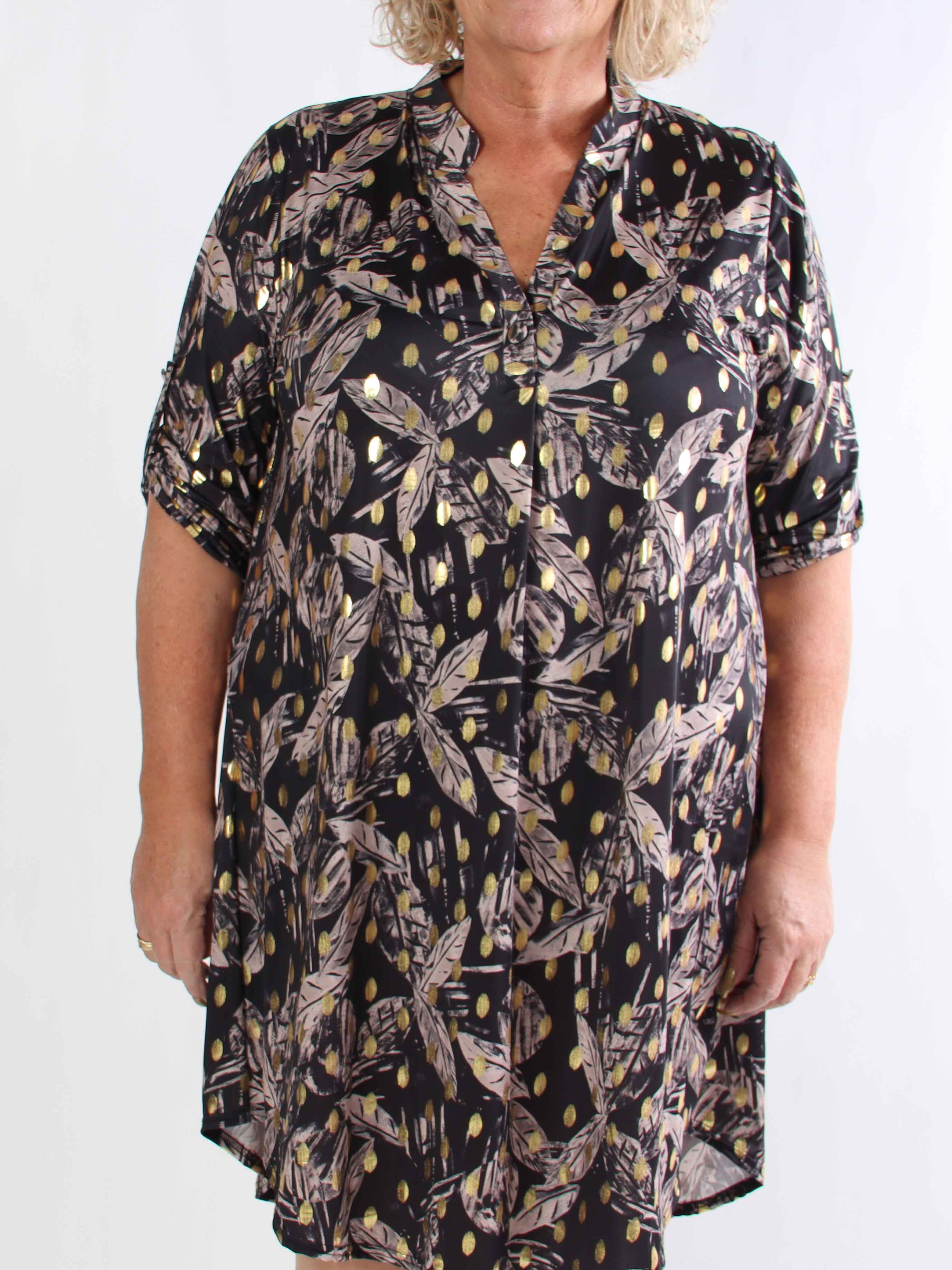 Ebba Leaf Long - Elastisk plus size kjole med bladmønster og guld dutter